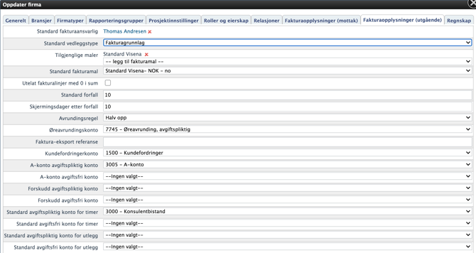 Endre avsenderadresse for faktura