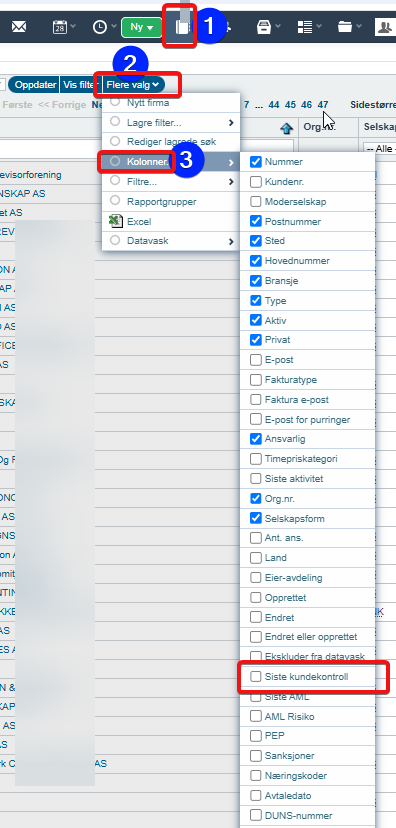 Firmaliste - kolonne som viser dato for sist fullførte kundekontroll1