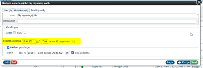 Frist for signering - elektronisk signeringsjobb