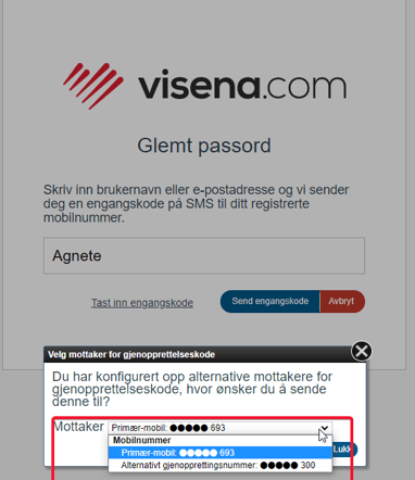 Glemt passordalternativt mobilnummer for engangskode ved gjenopprettelse av passord5