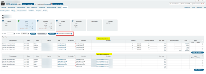 Ikke fakturerbare aktiviteter knyttet til produkt eller ikke - visning oppdrag eller firma>økonomi>kontroll og faktura2