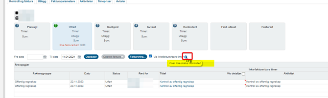 Ikke fakturerbare aktiviteter knyttet til produkt eller ikke - visning oppdrag eller firma>økonomi>kontroll og faktura4