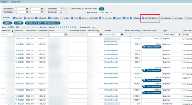 Innbetalinger til Visena , utestående beløp, sende purringer fra Visena2