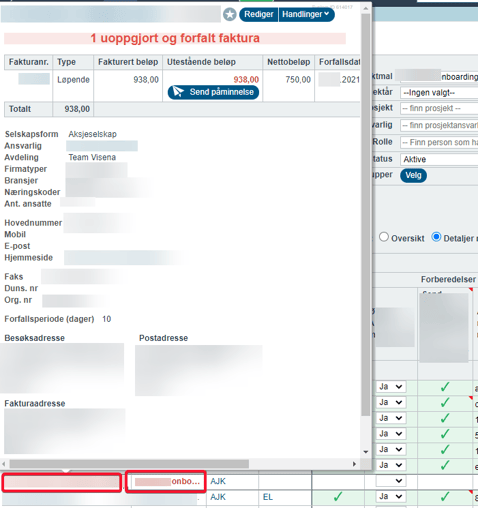 Innbetalinger til Visena , utestående beløp, sende purringer fra Visena3