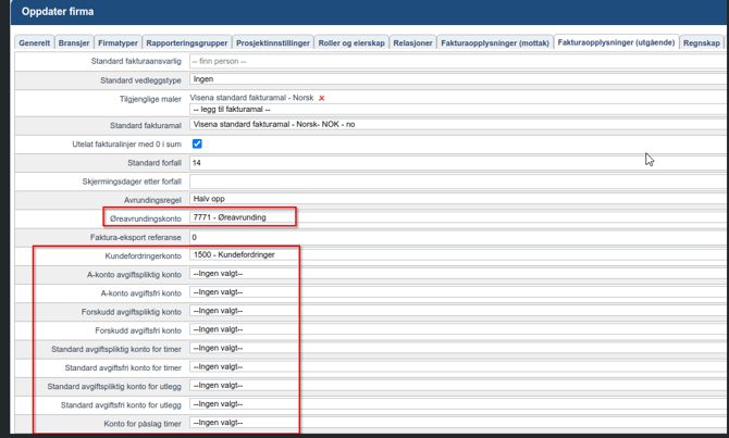 Innstilling for regnskapskonti ved fakturering1