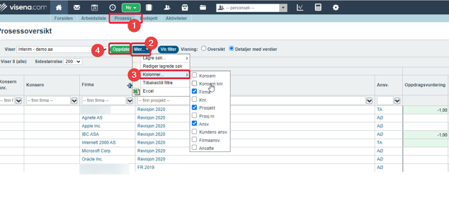 Kolonner i prosess 1