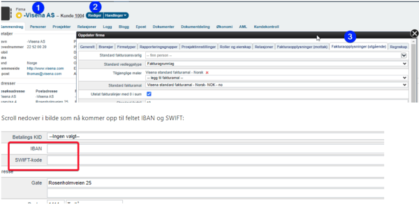 Legge inn SWIFT & IBAN på selskapet1