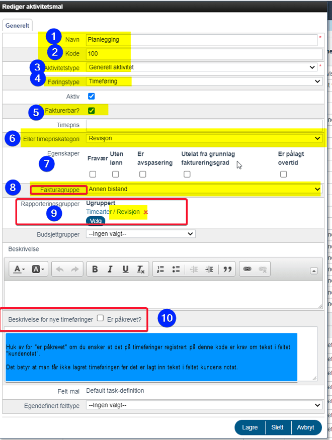 Ny aktivtetsmal på prosjektmal (timekode)