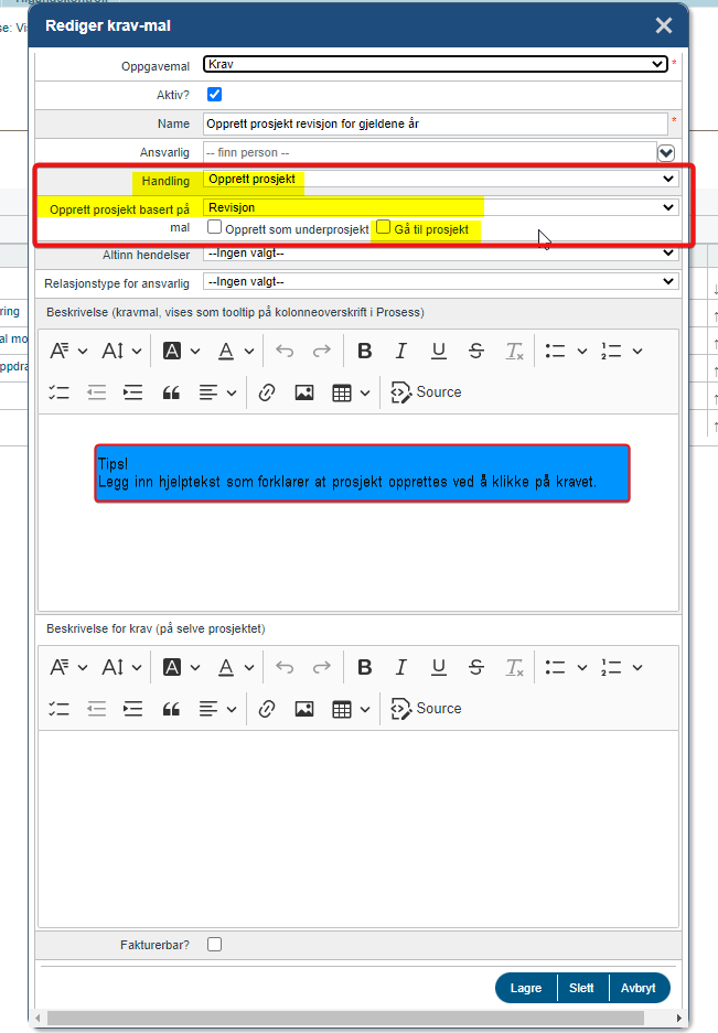 Opprette prosjekter fra krav i en prosess1