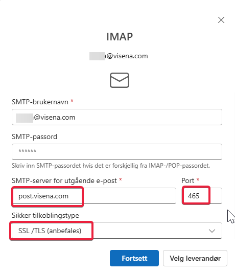 Oppsett av Visena e-postkonto i Outlook5