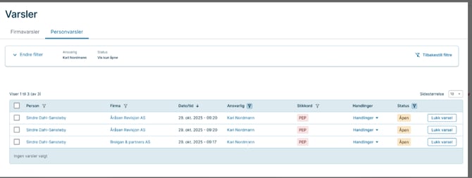 PEP varsel - flere PEP varsler på samme person