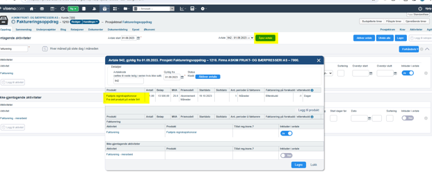 Produkter - prismodell delt produkt - et produkt er knyttet til aktiviteter på flere oppdrag på en kunde