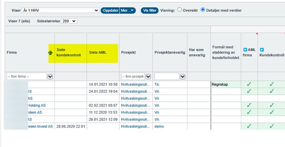 Prosessoversikt - kolonne siste kundekontroll og siste AML2