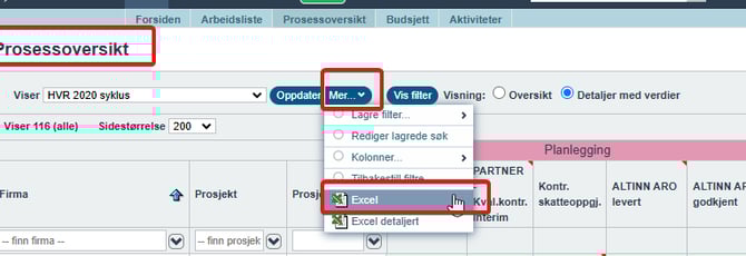 Prosessoversikt til Excel - nytt valg
