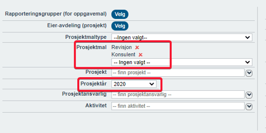 Rapport - timeforbrukregistrerte timer per kunde, oppdragsansvarlig og prosjekttypeprosjektår2