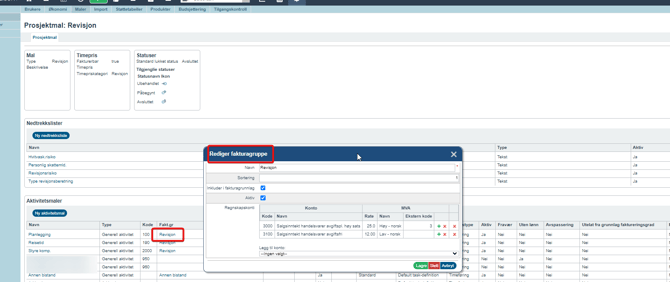 Redigere fakturagruppe fra prosjektmalse oppsett for fakturagruppe fra prosjektmal