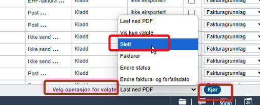 Slette flere en eller flere fakturaer med status kladd2