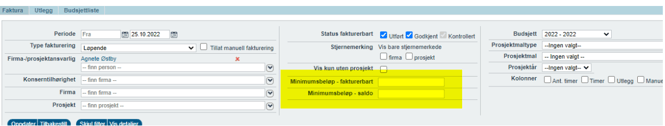 Valg i fakturering - minimumsbeløp fakturerbart og minimumsbeløp saldo