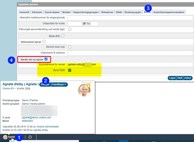 Varsel om e-post i Visena til en annen e-postadresse eller SMS1