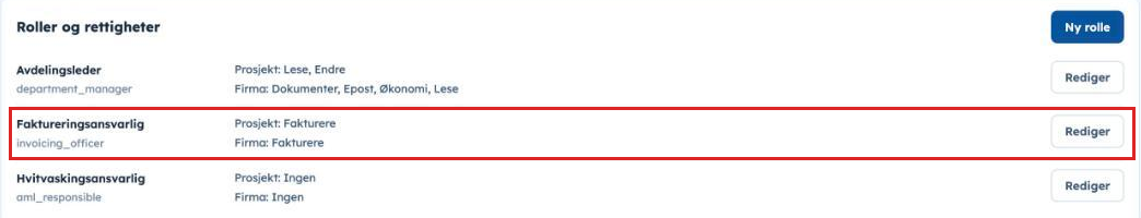 Roller og rettigheter med raden Faktureringsansvarlig
